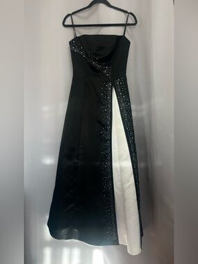 debut Black and White Strapless Evening Gown with Crystal Embellishments